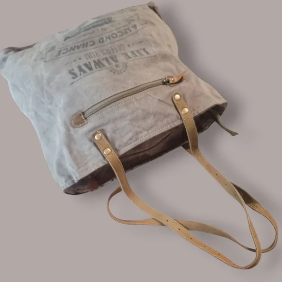 MYRA Bag Black and White Calf Hide Sides  Canvas Tote with Leather Straps EUC - Picture 6 of 9